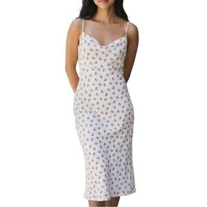 See You Monday White Cherry Fruit Print Sheer Overlay Midi Dress